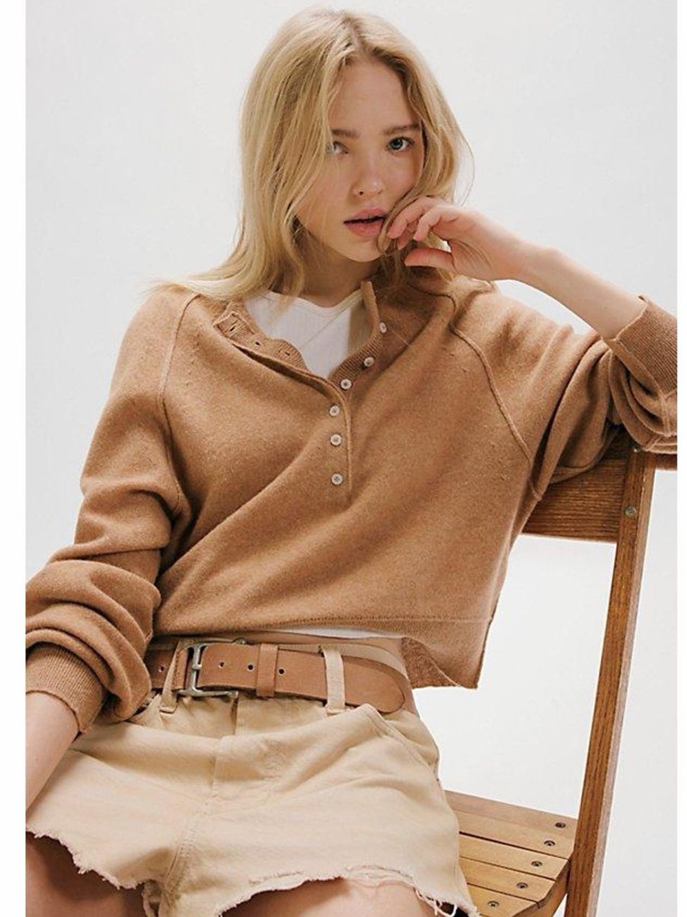 Free People Porta Cashmere Henley Light Brown Medium - Picture 2 of 7